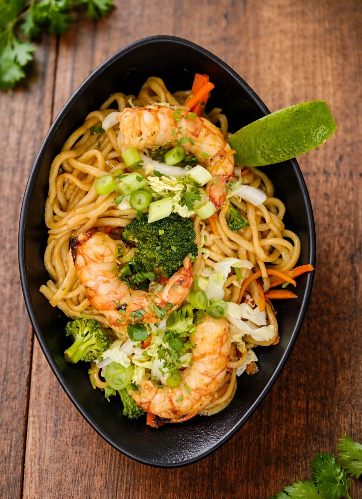 Bol noir de nouilles sautees aux crevettes avec brocoli, chou, carotte et quartier de citron vert