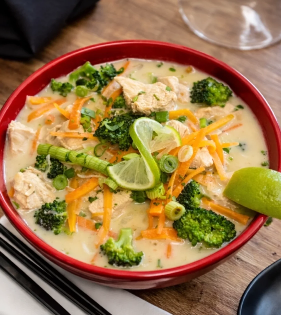 Bol rouge de soupe cremeuse au poulet et lait de coco avec brocoli, carotte et citron vert, baguettes et cuillere